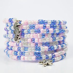 Starfish Seahorse Pink Memorywire Beaded Bracelet